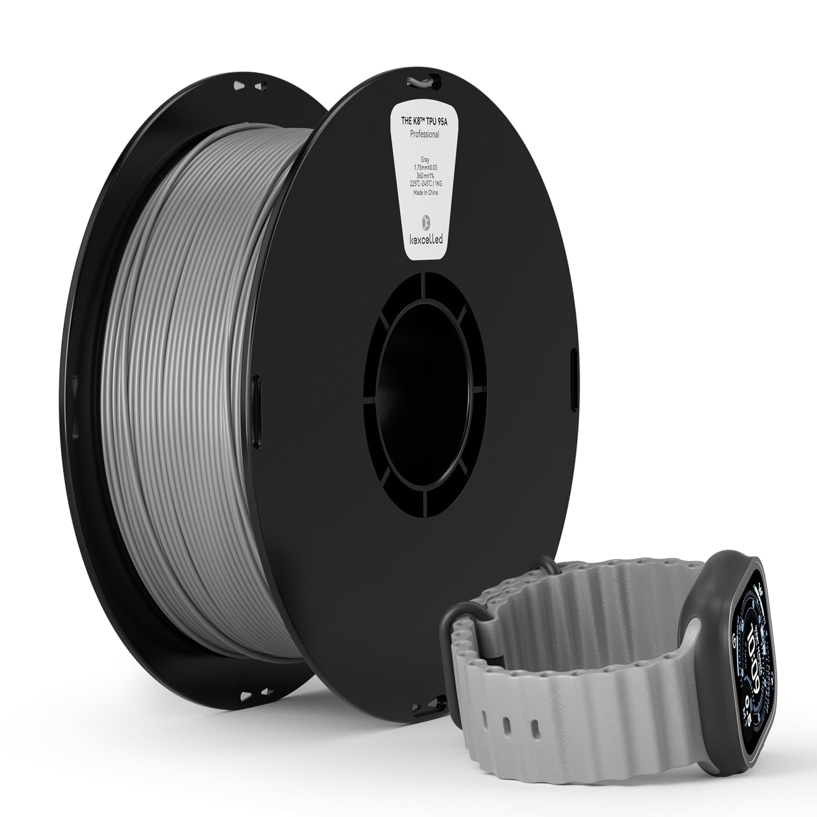 Kexcelled Filament TPU Haute Vitesse 95a Gris, Filament TPU Flexible HF pour Imprimante 3D 1,75 mm, Bobine de 1 kg (2,2 lb), Enroulement Ordonné Anti-Emmêlement, Excellente Élasticité