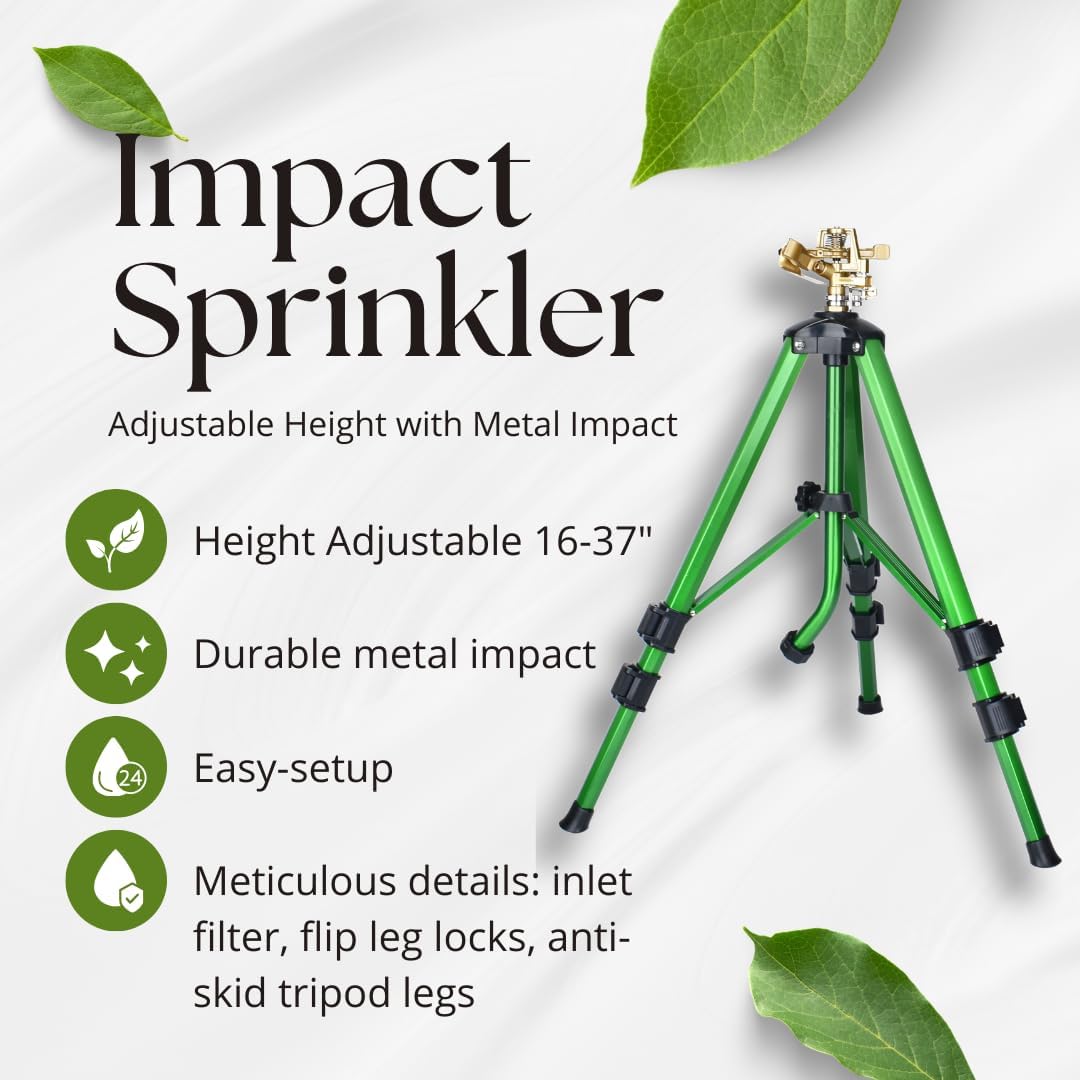 Tripod Sprinkler on Stand, Heavy Duty Impact Lawn Sprinkler 360° Coverage, Large Area Irrigation for Garden & Yard, Adjustable 16"-37" Height, Tripod Sprinkler System — 1-Pack CWS105201