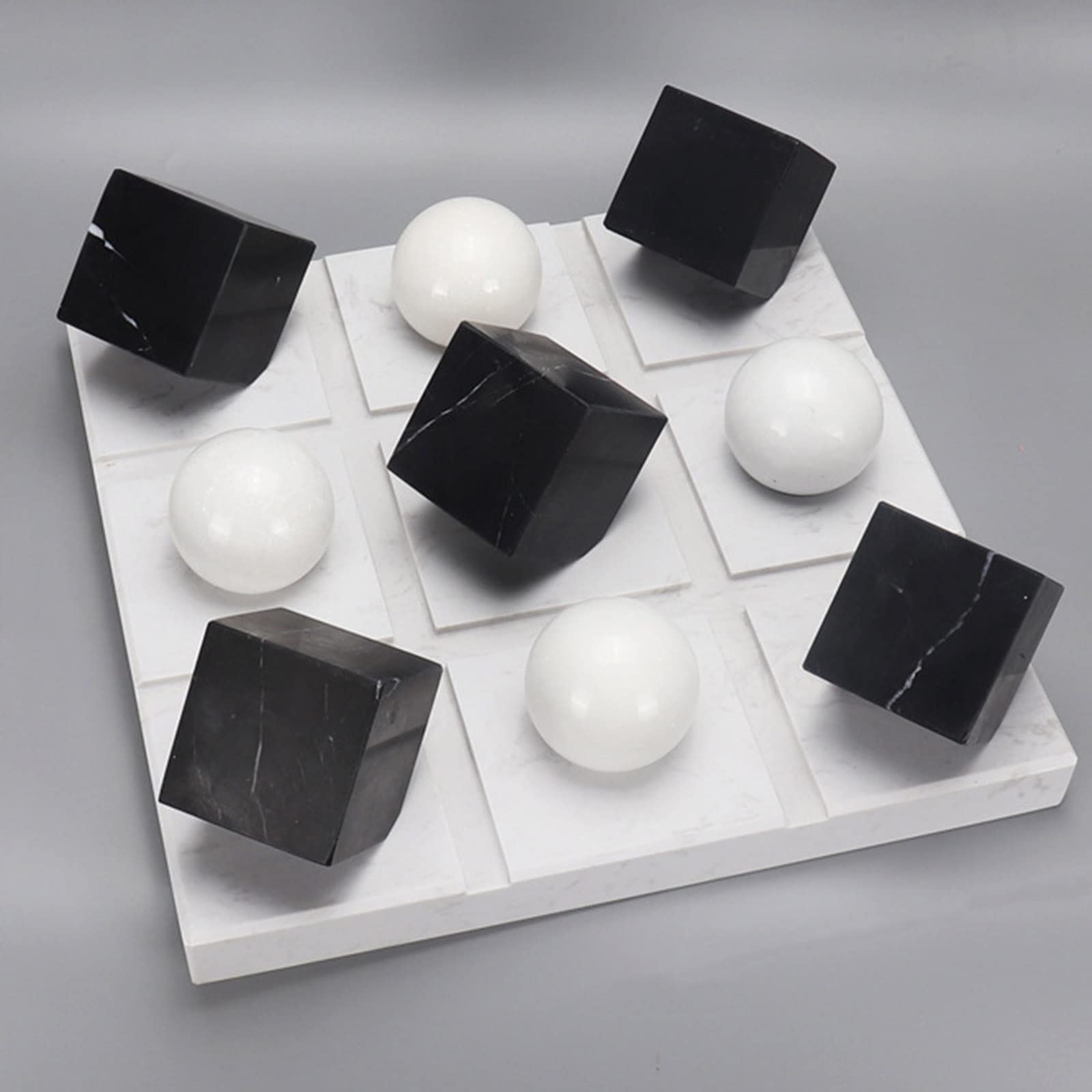 Marble Tic Tac Toe Game Set, White Marble Zero & Cross Fingering, with Jet Black and White Marble Playing Pieces, for Families and Game Night with Custom Personalization