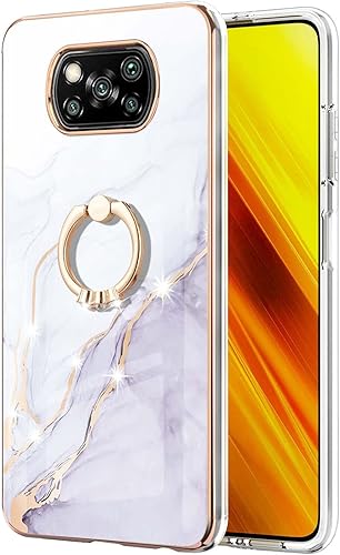 Miniatura 2 de Monwutong Funda de teléfono para Xiaomi Poco X3 NFC, IMD patrón de mármol brillante anillo Kickstand caso para niñas, con lente de cámara y cubierta