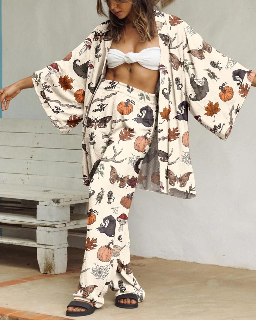 Women Witchy Pumpkin Winter 2 Piece Set Casual Comfy Halloween Lounge Outfit Boho Wide Leg Pants Set WIth Pockets - Image 3