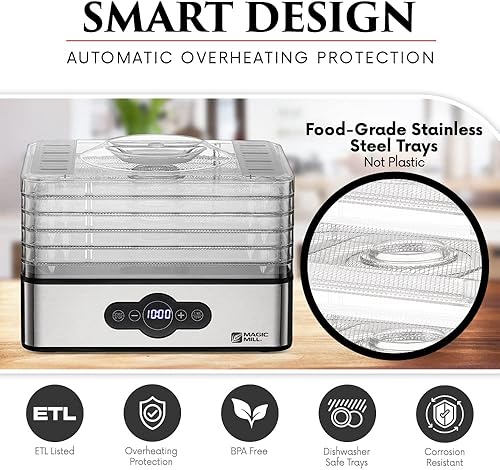 Miniatura 7 de Magic Mill Máquina deshidratadora de alimentos | 5 bandejas apilables de acero inoxidable con temporizador ajustable digital y control de