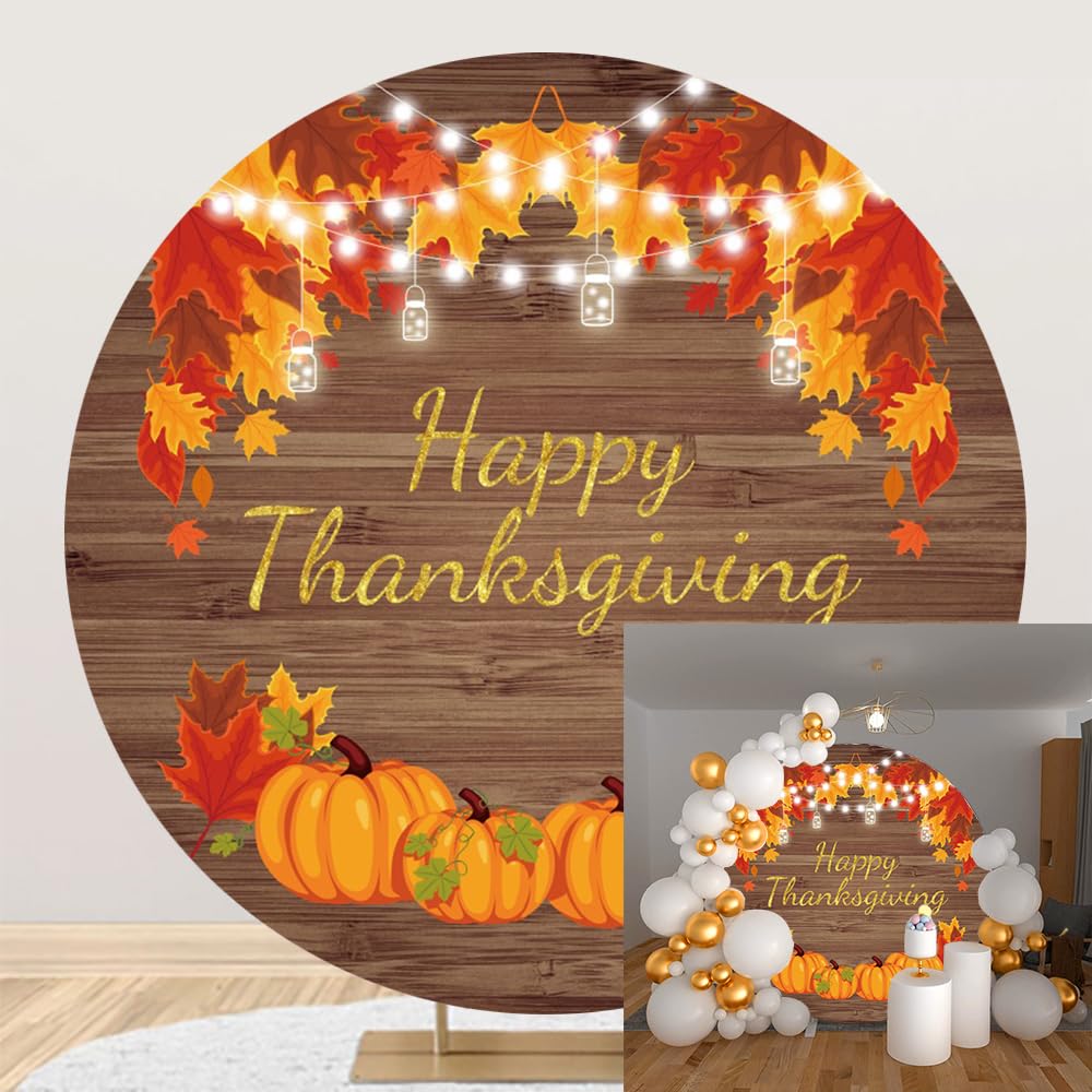 DORCEV Diameter 7.2ft Happy Thanksgiving Day Round Backdrop Cover Rustic Vintage Plank Yellow Maple Leaves and Pumpkin Bright Lights Photography