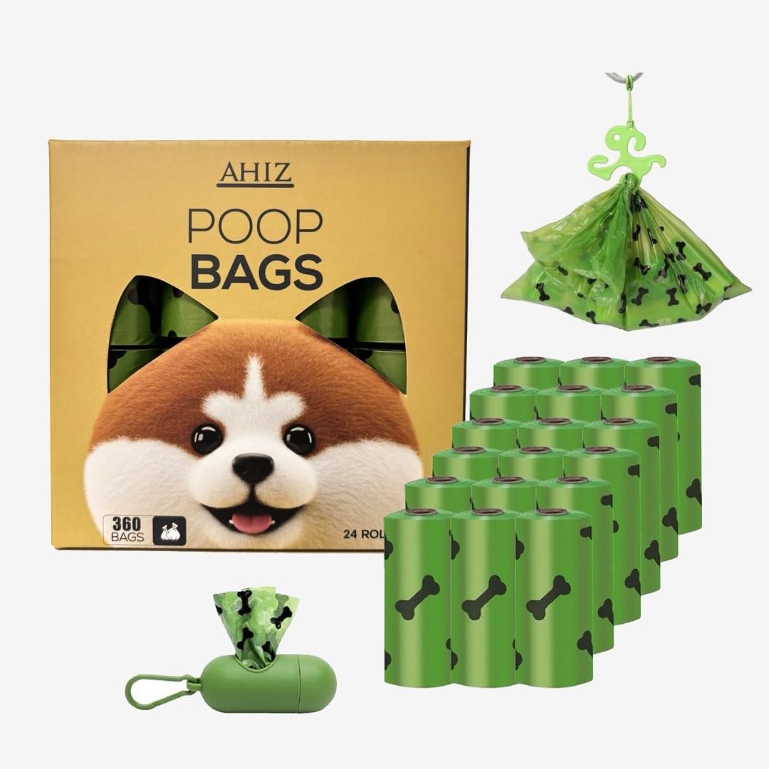 AHIZ Dog Poop Bags with Dispenser, 360 Count (24 Rolls), Thick & Leak-Resistant Waste Bags, Lavender Scented, Easy Tear Rolls