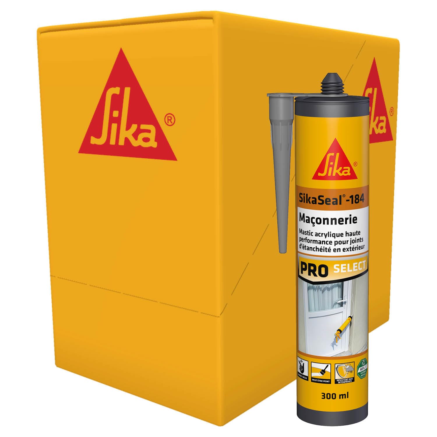 Mastic acrylique - SikaSeal-184 Maçonnerie - Gris béton - Carton 12x300ml | Réparation de fissures - Joints d’étanchéité - Haute performance - Extérieur et intérieur