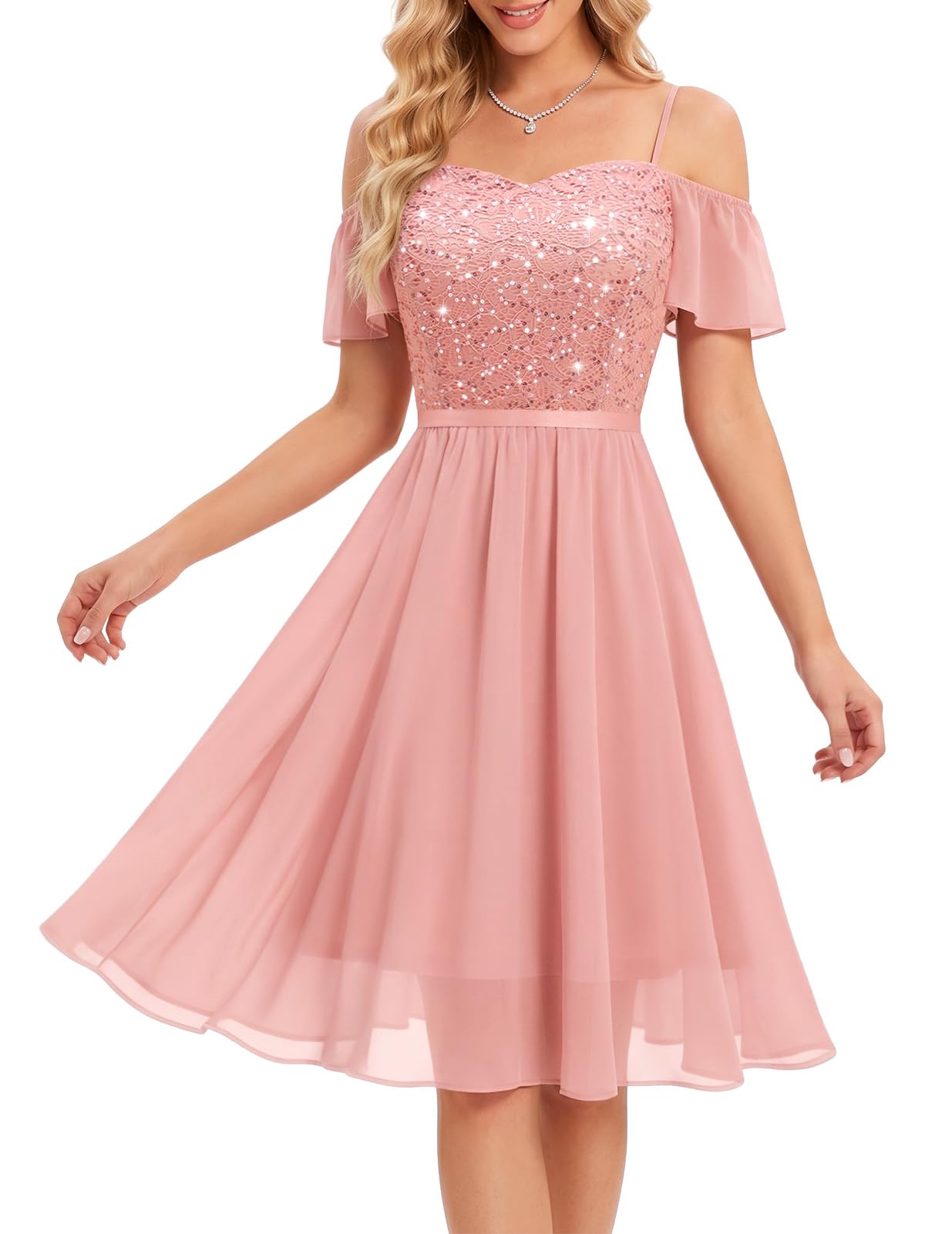 Photo 1 of MUADRESS Women's Bridesmaid Wedding Guest Dress Sparkly Lace Cocktail Prom Party Dresses for Teens Spaghetti Blush L