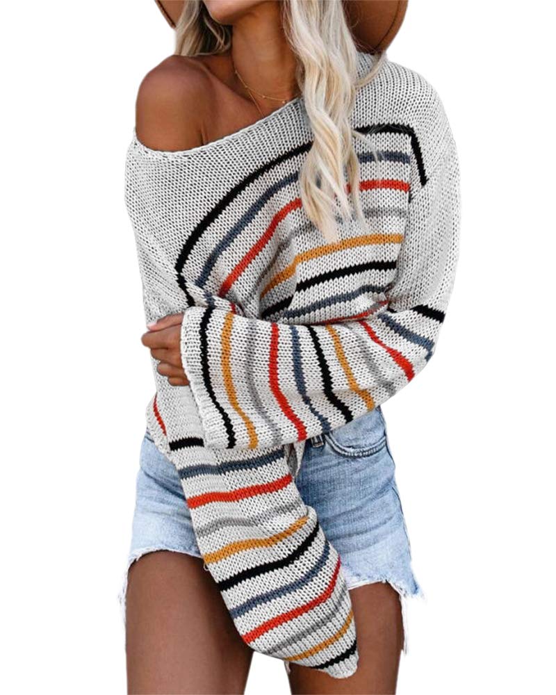 Womens Long Sleeve Striped Rainbow Pullover Sweaters Oversized Colorblock Off Shoulder Knitted Crop Shirt Tops