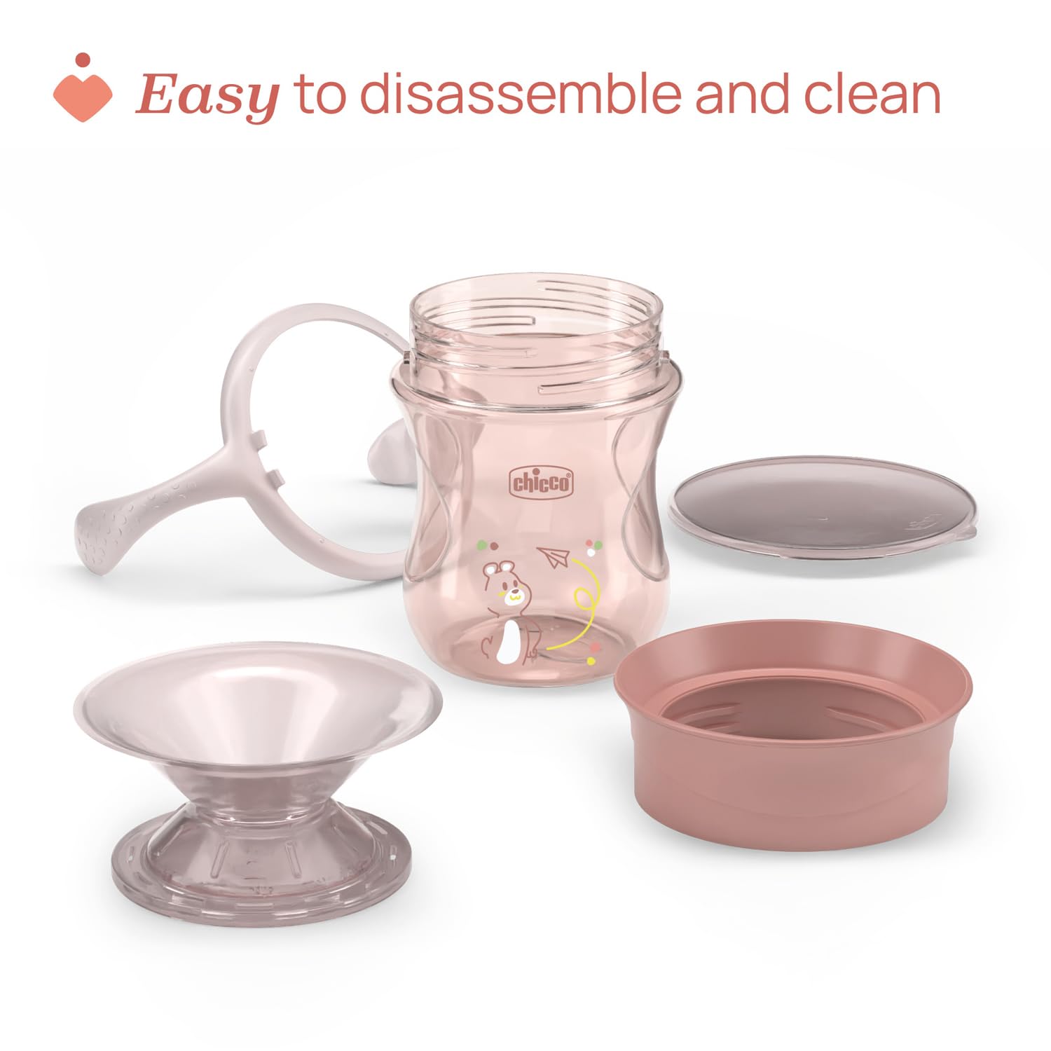 Chicco Perfect Cup Premier Verre pour Enfants 200 ml, 1 Tasse Biberon 12+ Mois pour Apprendre à Boire, avec Membrane en Silicone à 360° et Poignées Amovibles, sans BPA, Rose