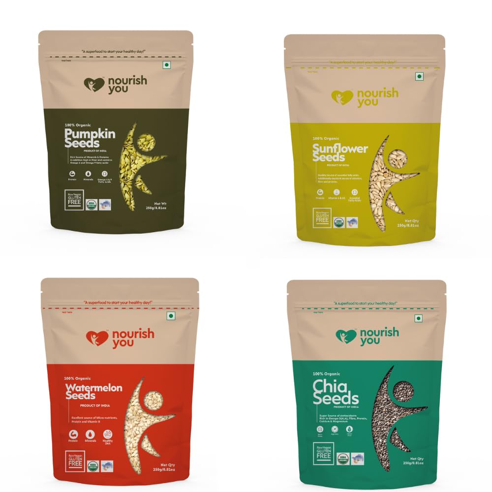 Nourish You Healthy Seeds Combo 1kg | Jumbo Pumpkin, Jumbo Sunflower, Watermelon Seeds, Chia Seeds (250g Each Pack) | Seeds for Eating | Immunity Booster Diet | Protein and Rich in Fibre (B0CNRX37VT) Amazon Price History, Amazon Price Tracker
