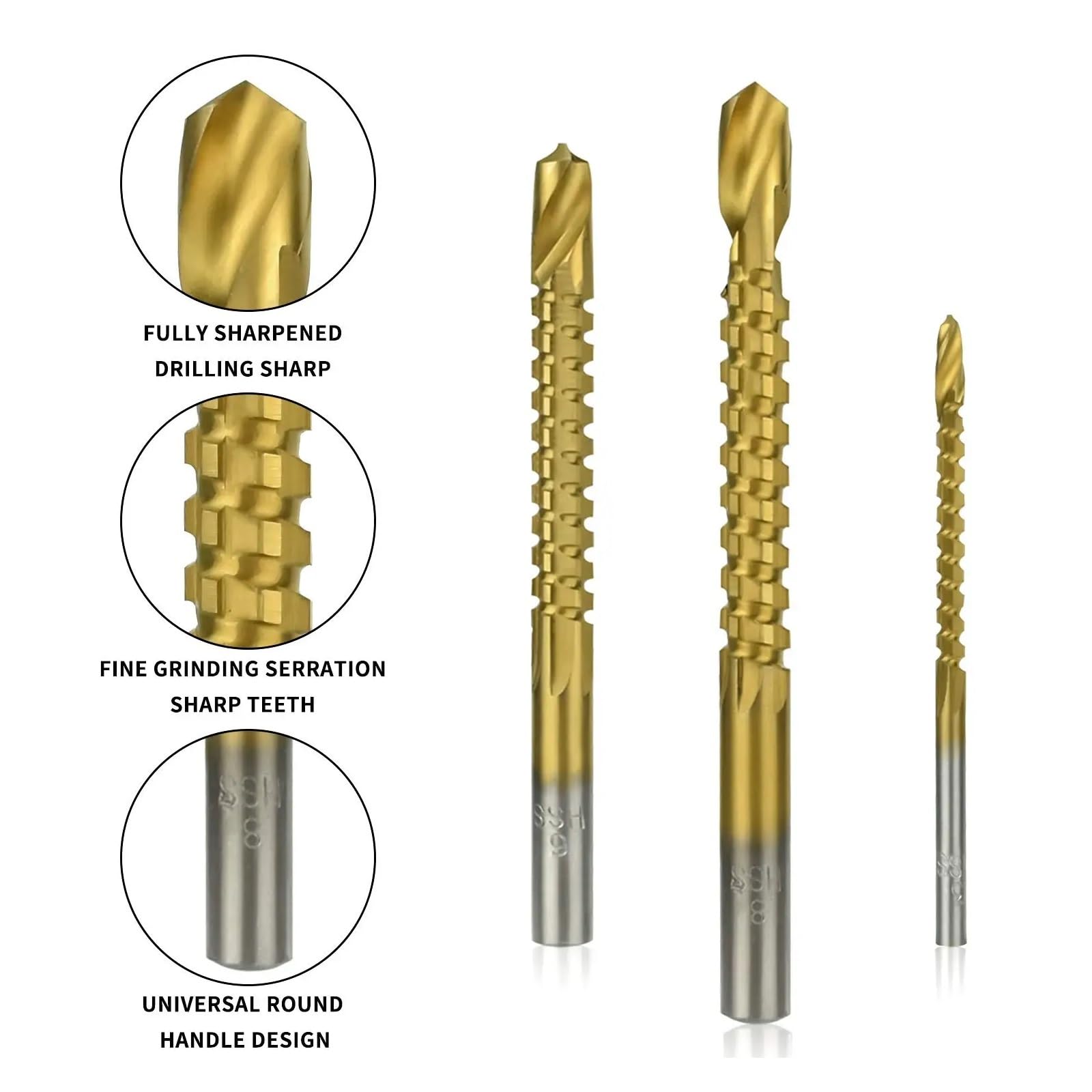 Brocas de pagoda diente sierra recubiertas titanio 6 piezas | Brocas escalonadas con ranura en espiral especializadas for trabajos de perforación en madera(With Case)