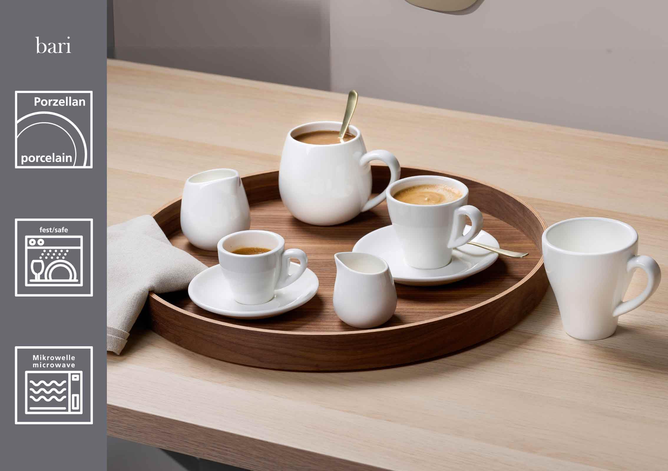 Ritzenhoff & Breker Bari Kaffeebecher 6er Set – 300 ml – Schmale Henkelbecher mit dickem Tassenrand – Bistrogeschirr aus Porzellan, Spülmaschinen- & Mikrowellenfest – Weiß