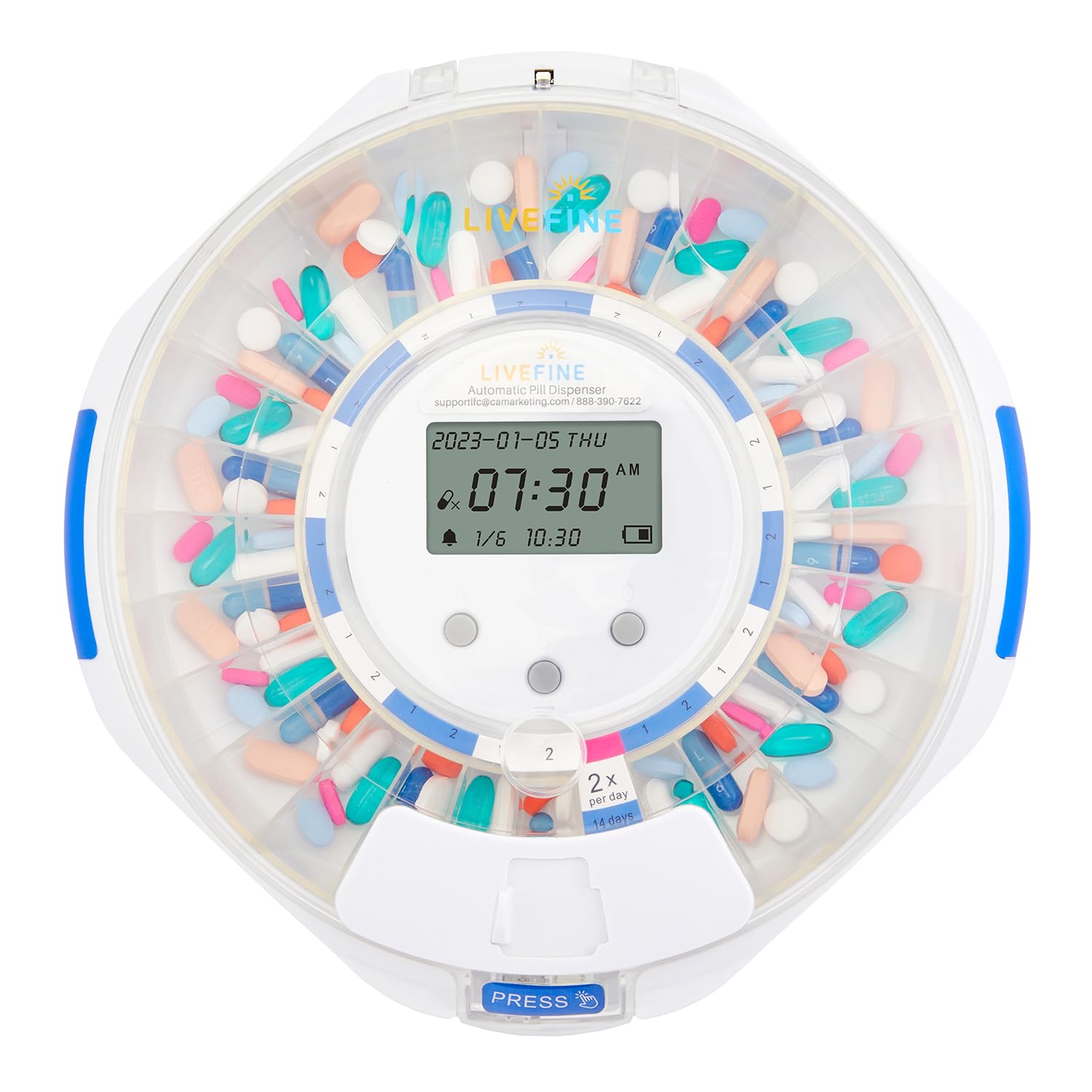 LiveFine Pilulier automatique avec organiseur électronique de médicaments de 28 jours, 6 anneaux de dosage, écran LCD avec alertes sonores et lumineuses, clé et loupe pour prescriptions, vitamines et
