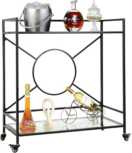 Carrito de bar negro para el hogar, carrito de bar simplemente montado con solo 4 tornillos, carrito de aperitivos de 2 niveles con 2 estantes de