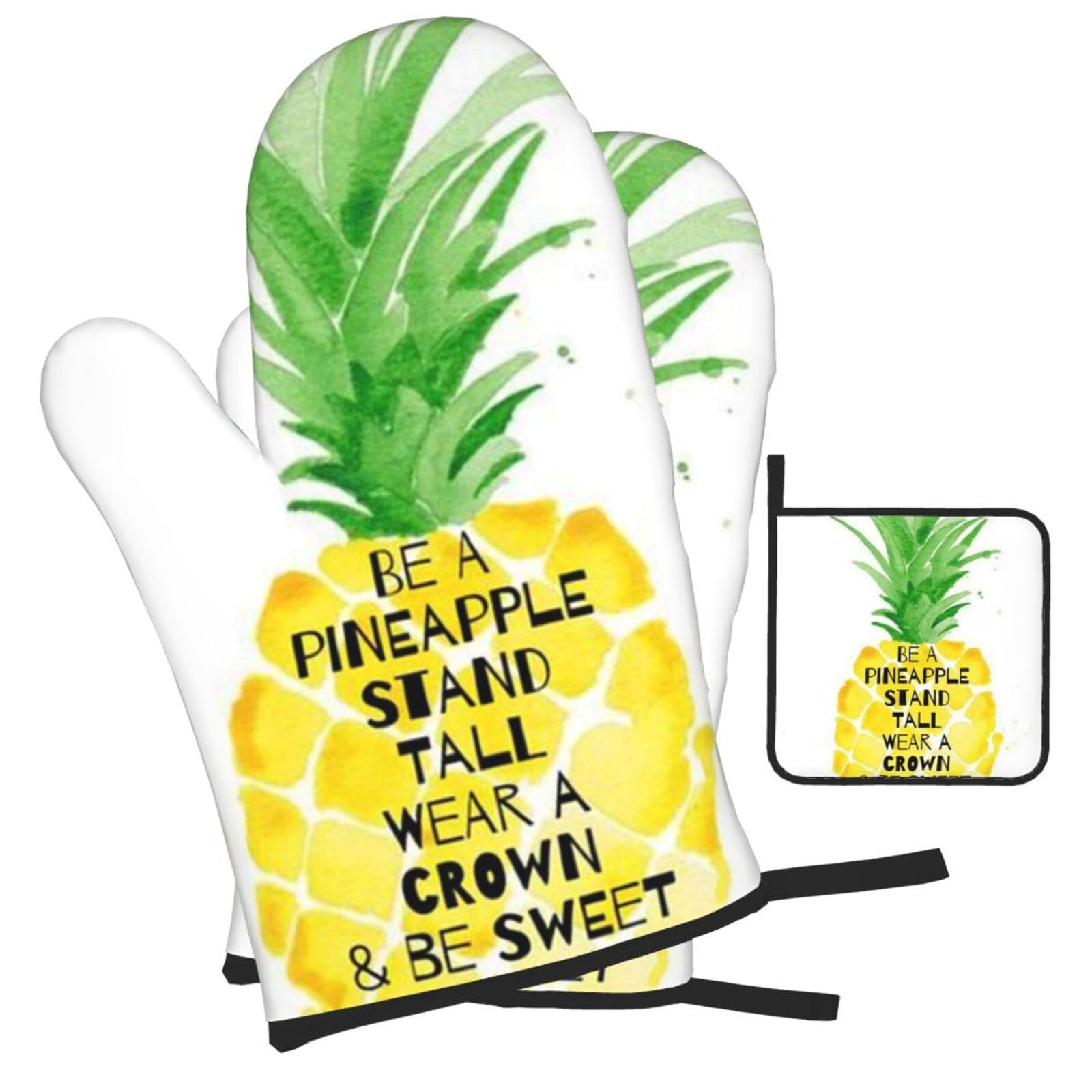 Be a pineapple Printed Oven Mitts and Pot Holders Heat Resistant Set of 3 Pcs, Modern Kitchen Gloves & Potholders for Cooking Baking Grilling