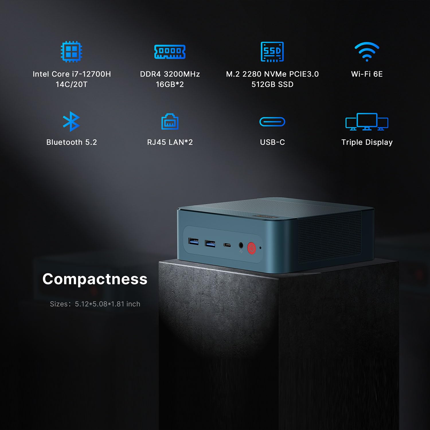 BOSGAME P2 Mini PC Windows 11 Pro, 12th Gen i7-12700H (14C/20T, up to 4.7GHz), 32GB DDR4 512GB PCIe SSD Mini Computers with HDMI+DP+TypeC Support Wi-Fi6E BT5.2, Dual LAN Mini PC