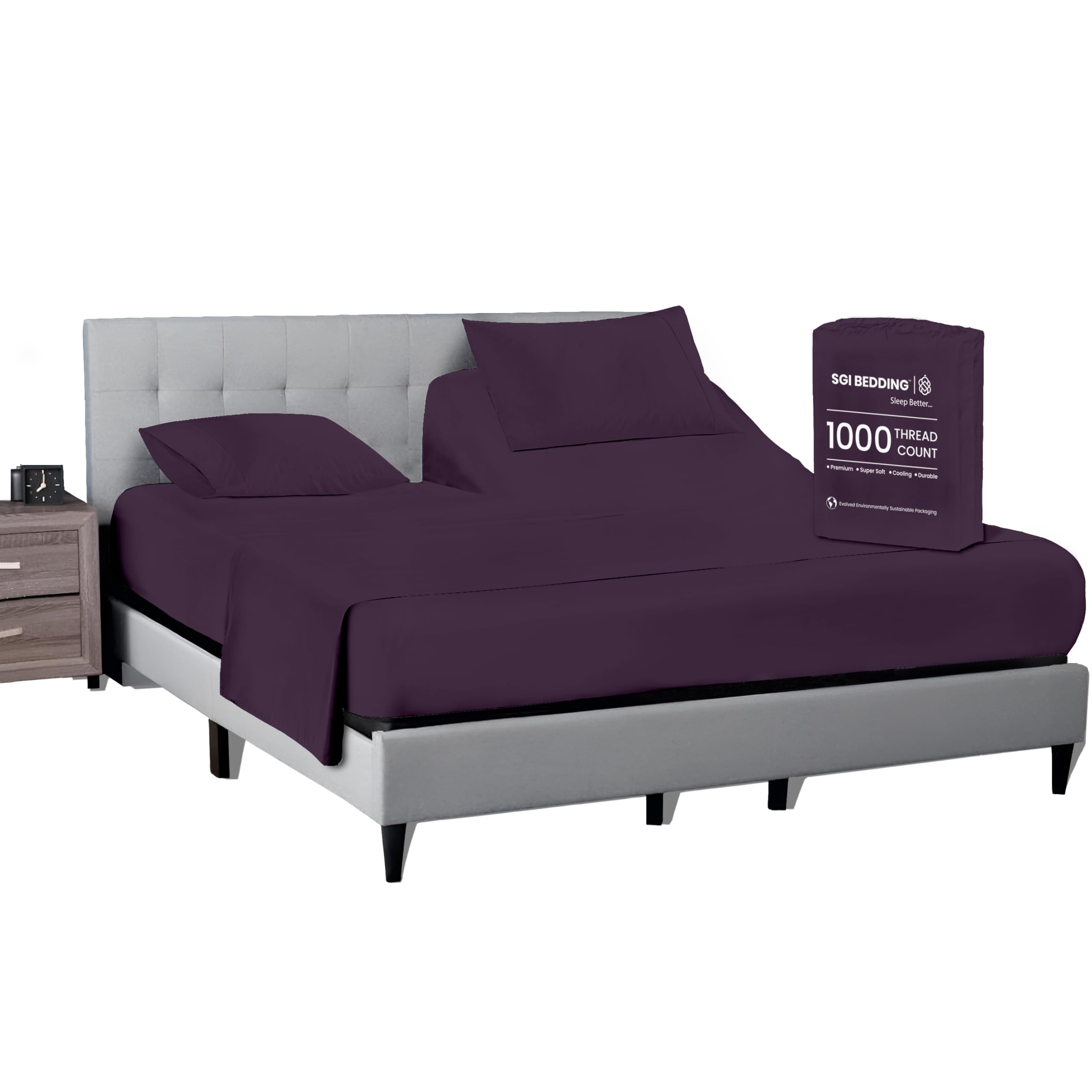 36 Inch Top Split Cal King Flex Head Sheet Set for Sleep Number Beds -1000 Thread Count Egyptian Cotton Sheet Set Plum Solid fits 15 inch Deep Mattress 1 Fitted Sheet 1 Flat/Top Sheet 2 Pillowcase