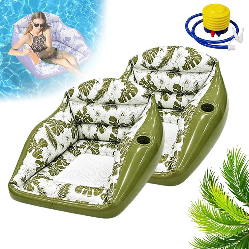 3-in-1 Inflatable Pool Lounge Chair, 2026 Upgreted Adult Large Inflatable Water Sofa, Tropical Style Float Chair with Cup Holder and Pump, Pool Float Recliner for Summer Parties Vacation (2Pcs-A)