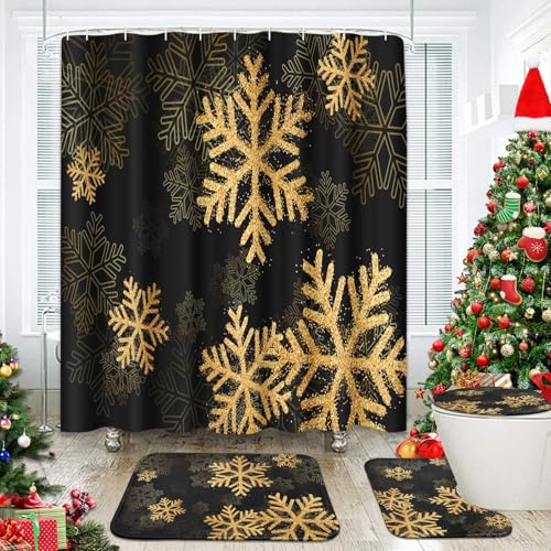Juego de cortinas de baño decorativas con alfombra y accesorios de copos de nieve de invierno 2