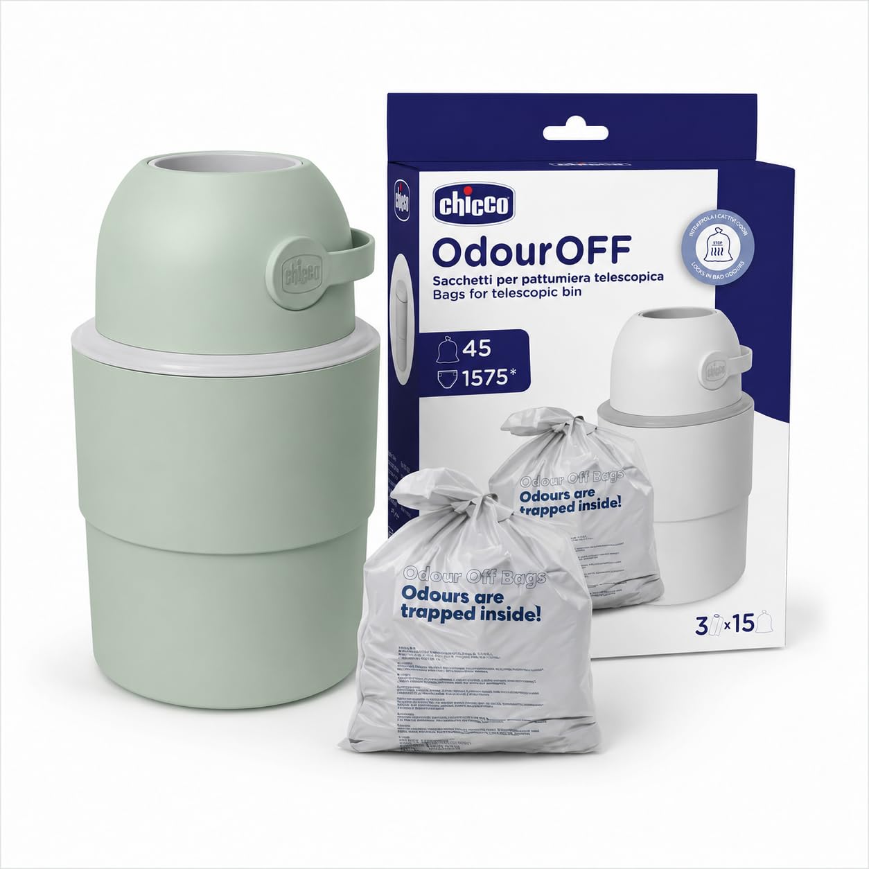 Chicco Mangiapannolini Telescopico Controlla Odori Compatto, Smaltimento Pannolini, Cestino Contenitore Pieghevole e Salvaspazio, Verde + 45 Sacchetti Odour off