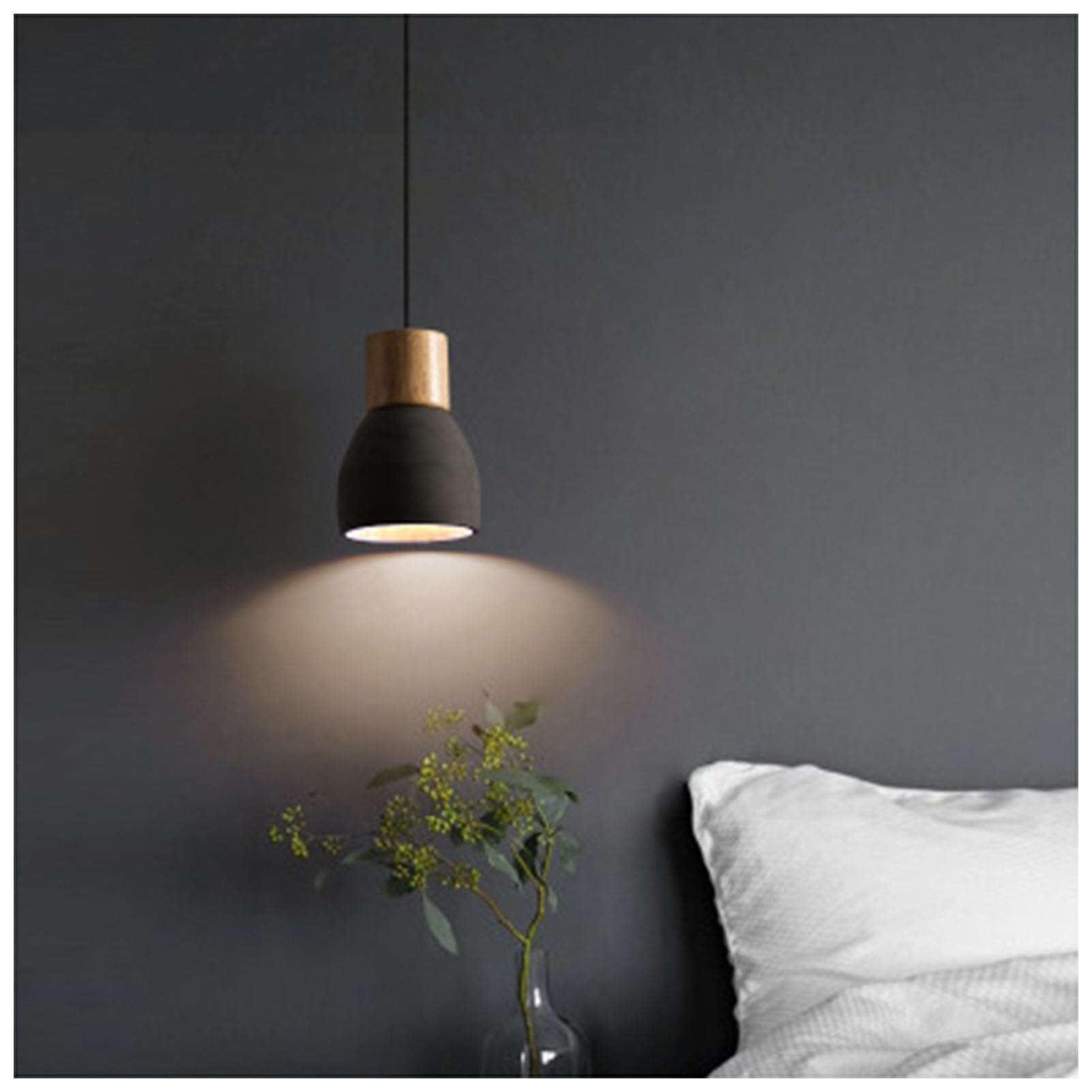 LYMSXAZOU Adjustable Height, Battery Operated Pendant Light Fixture, Nordic Style lamp, Wood Ceiling Hanging Powered Bulb,Grey,16 * 12.5cm(Black)