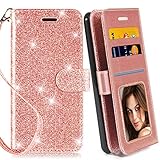Galaxy S5 Case, with Screen Protector, TPU + Leather Bling Glitter Flip Wallet Case with Kickstand Credit Card Holder Slot for Girls/Women for Samsung Galaxy S5, Rose Gold