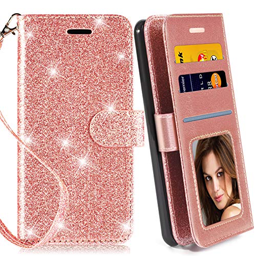 Galaxy S5 Case, with Screen Protector, TPU + Leather Bling Glitter Flip Wallet Case with Kickstand Credit Card Holder Slot for Girls/Women for Samsung Galaxy S5, Rose Gold