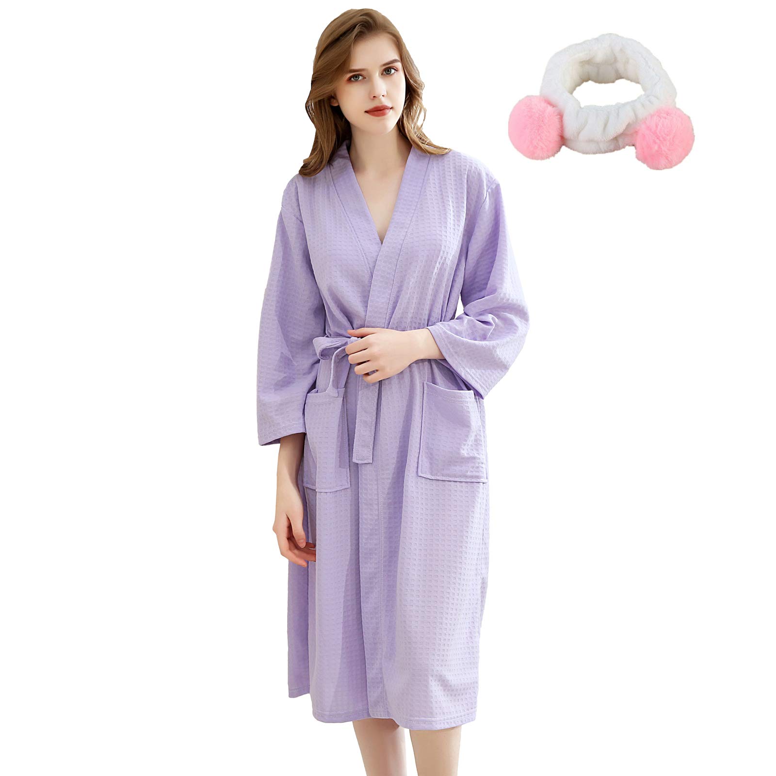 Women's Bathrobe, Roomwear, Absorbent, Hotel Specifications, Lightweight Nightgown, Warm Pair, For Women, Purple, M (1 Headband Gift) Type D M 1 x Hair Band Type A Purple