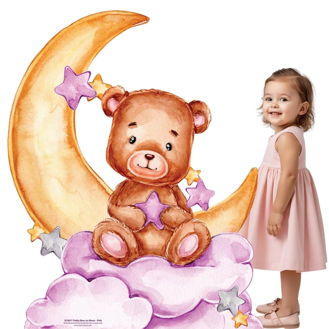 Star Cutouts SC4671 Cute Teddy Bear Moon Pink Cardboard Cutout 92cm – Baby Shower Decoration, Nursery Display & Birthday Party Prop