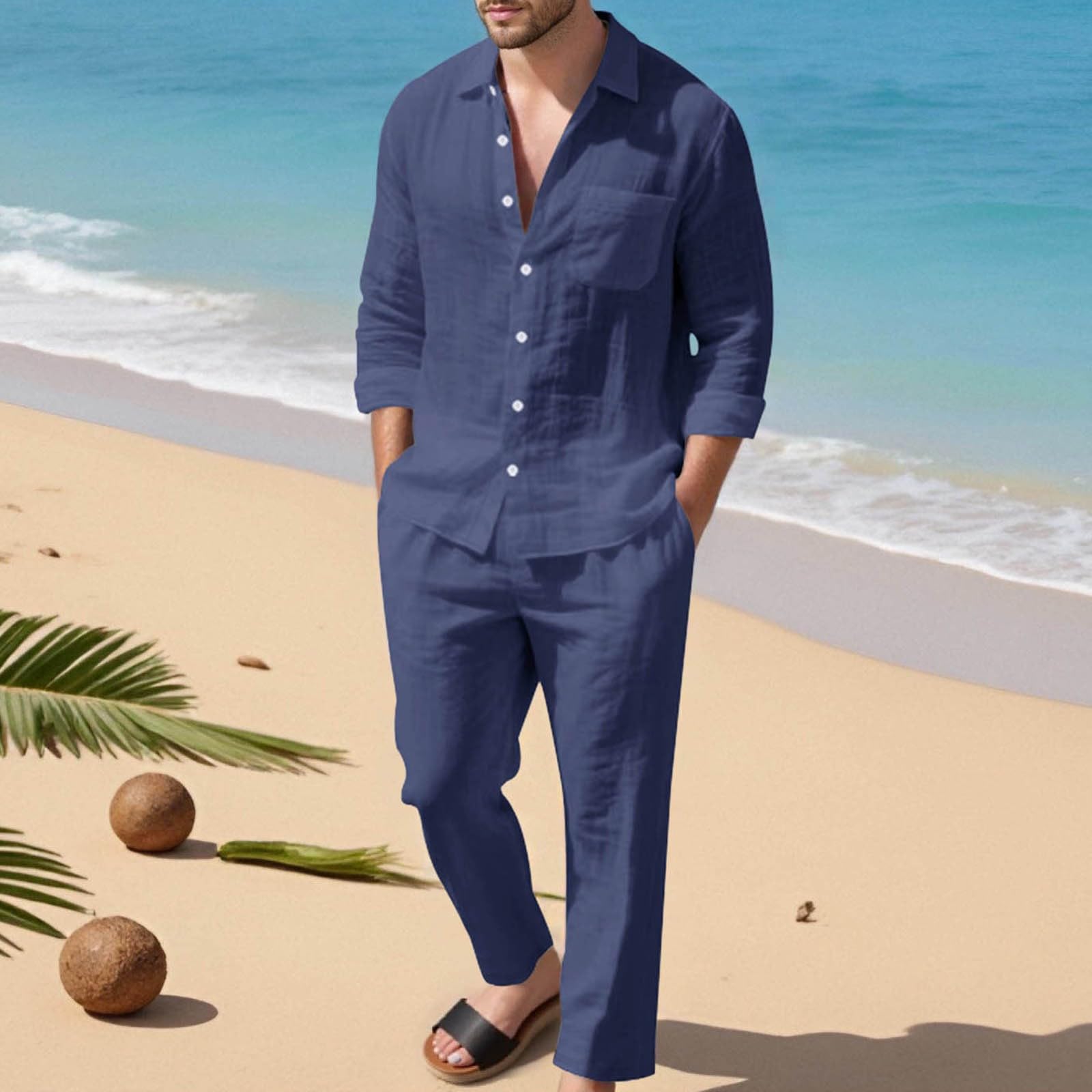 Pigiama lungo da uomo, in lino, estivo, leggero, in lino, tinta unita, da jogging, in cotone, 2 pezzi, camicia estiva e pantaloni lunghi