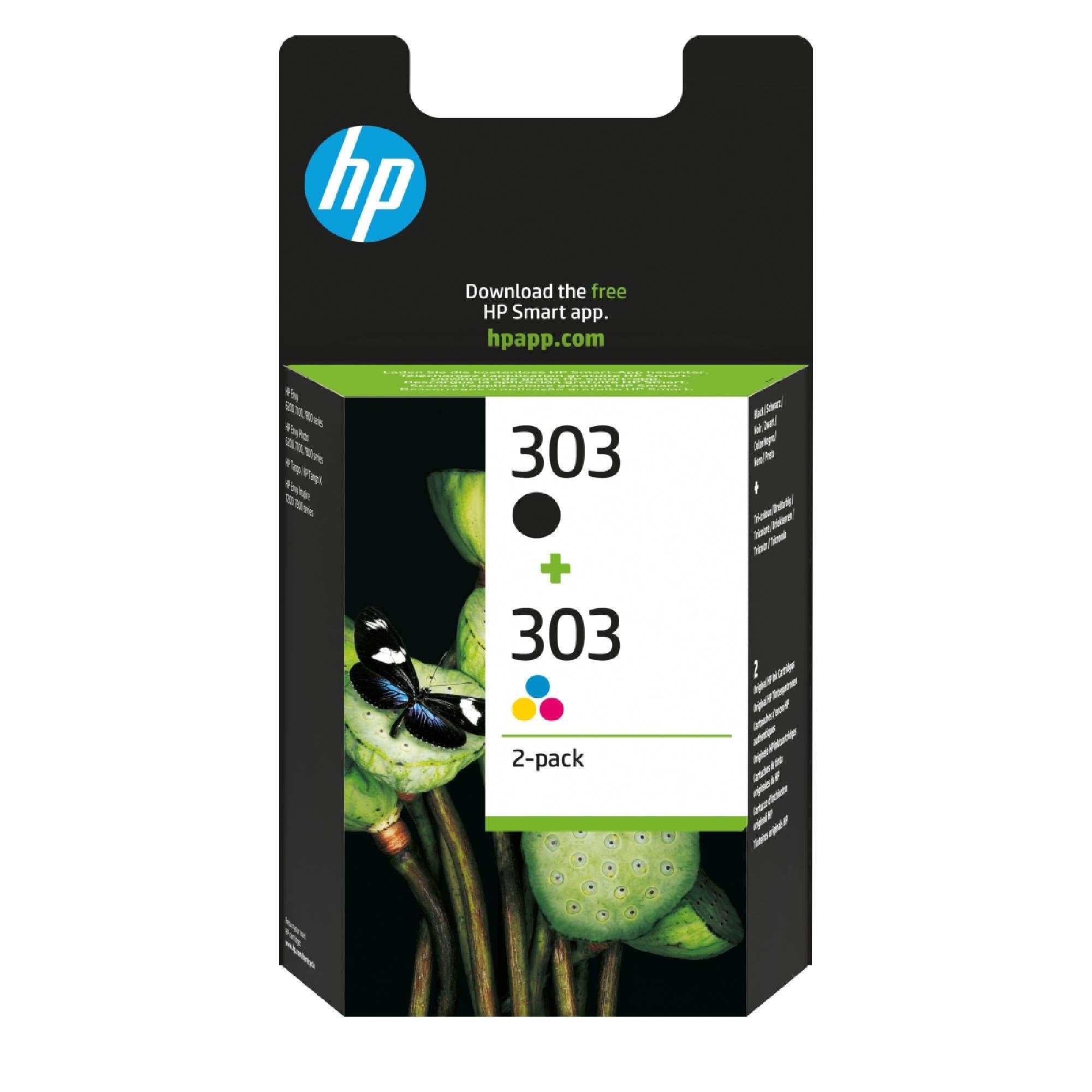 HP 303, Pack de 2 cartouches d'Encre Originales, 3YM92AE, Noir, Cyane, Jaune, Magenta, Compatible avec Imprimantes Envy Photo 6200 / 7100/​7800, HP Tango, HP Tango X, ENVY Inspire 72XX, 79XX