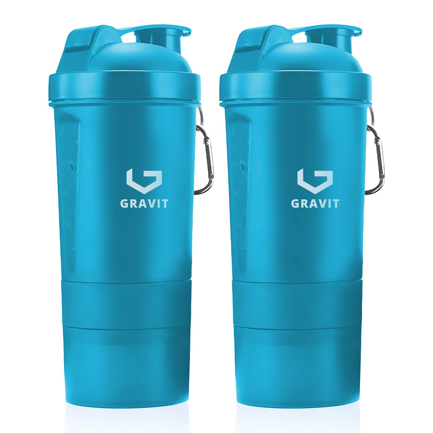 GRAVIT3-Layer Protein Shaker Bottle 500ml, BPA Free Gym Shaker Cup with Supplement & Powder Storage, Leak-Proof Mixer for Protein Shakes, Smoothies, Pre-Workout, Office & Sports (2 Piece Set, Blue)