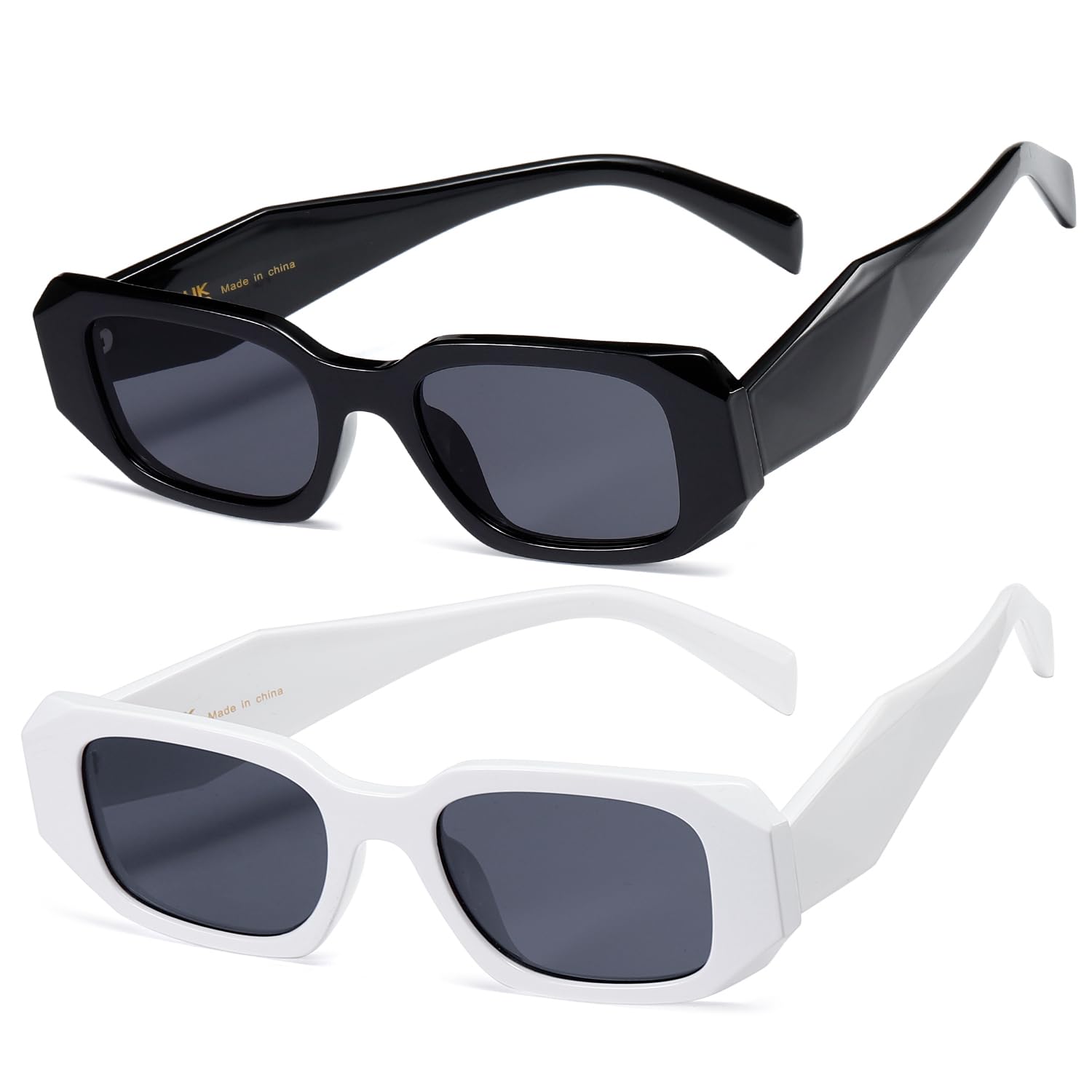 Rectangle Sunglasses for Women Men Trendy Retro Trendy Sun Glasses 90’s Vintage Square Frame K1307 (Black+White Frame Grey Lens)
