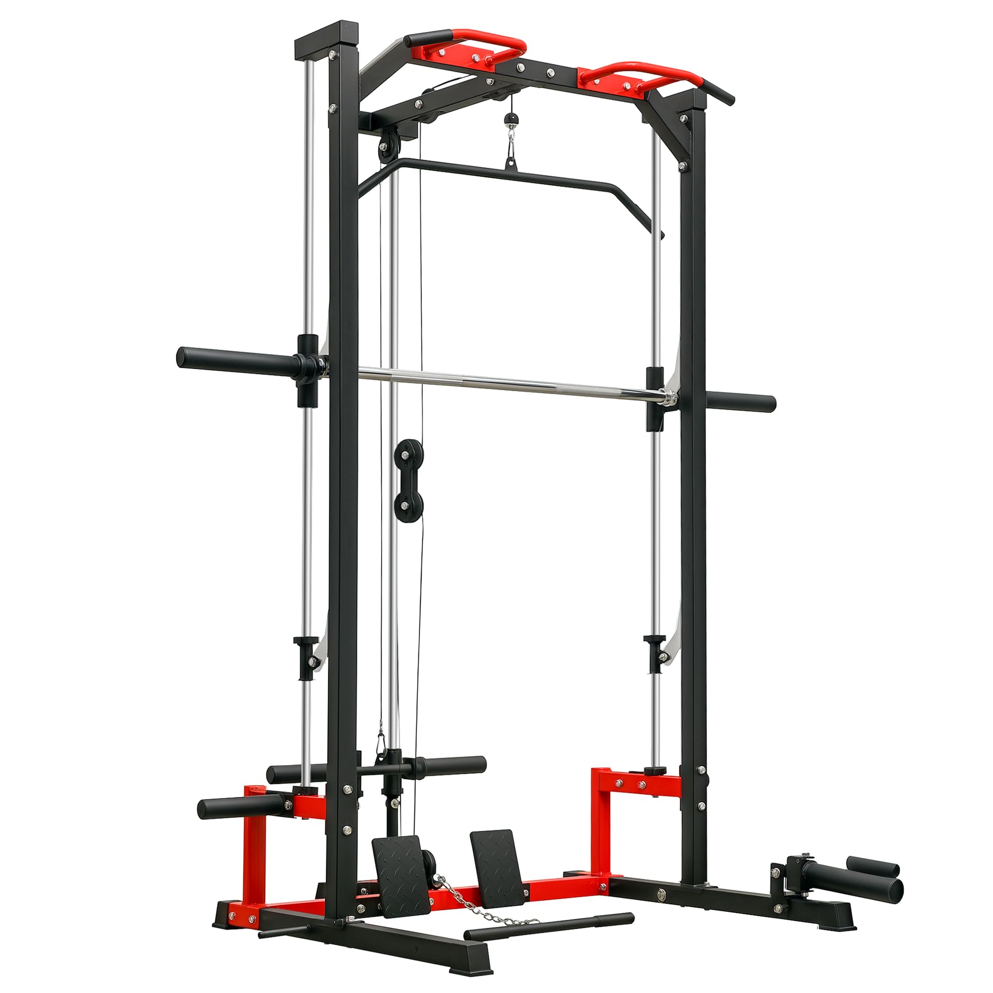 Soozier Power Cage Smith Machine, Multi-Function Power Rack with Pull Up  Bar, LAT Pull Down System, Squat Rack, Barbell Bar, Landmine, Plate Storage