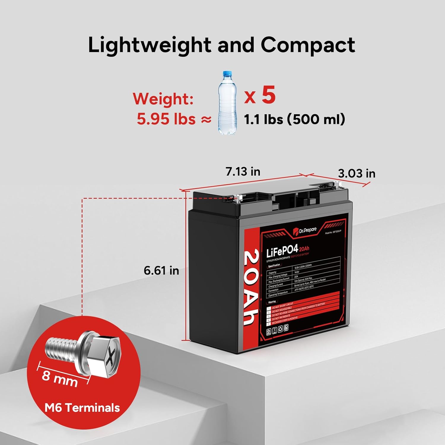 DR.PREPARE 12V 20Ah LiFePO4 Lithium Battery with Grade A+ Cells, 4000+ Deep Cycle Lithium Iron Phosphate Rechargeable Battery with 20A BMS for Fish Finder, Solar, Lighting, Alarm System - Image 6