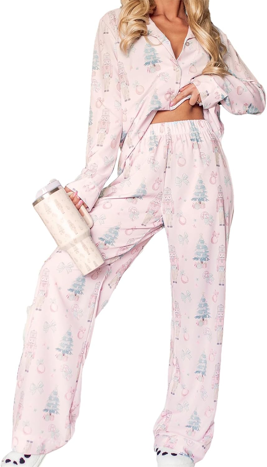 Alyweatry Women Christmas Santa Pajama Set Long Sleeve Button Down 2 Piece Lounge Pjs Set Holiday Sleepwear