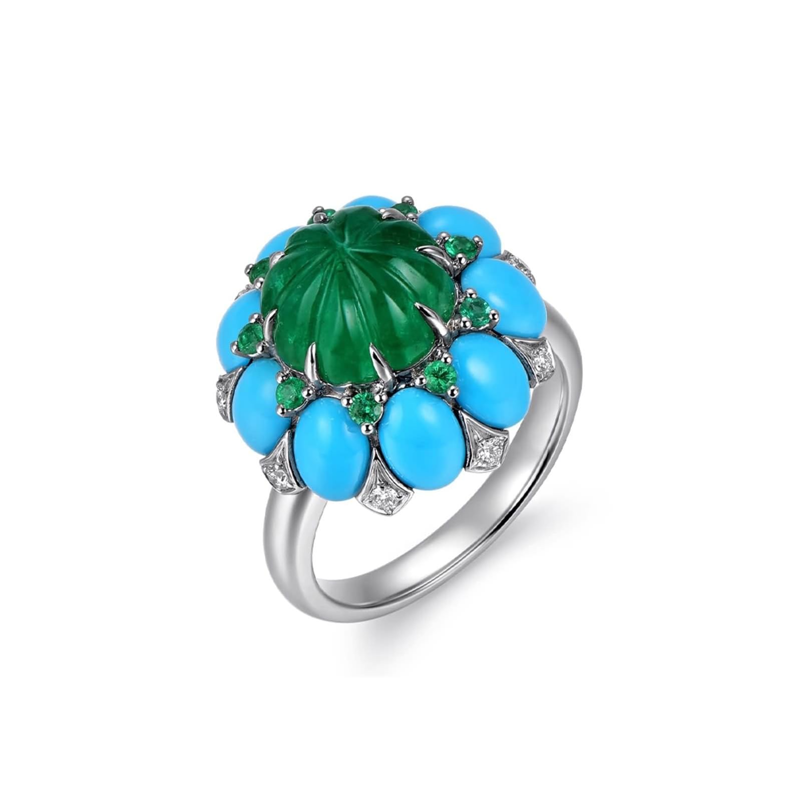 KnSam Echtgold Schmuck 9K/14K/18K Weißgold Antragsring, 3.99ct Labor Erstellt Smaragd Trauringe Blumen Unregelmäßige Form Grün, Ring mit Türkis 18/14/ 9 Karat Gold, Gr.47-70