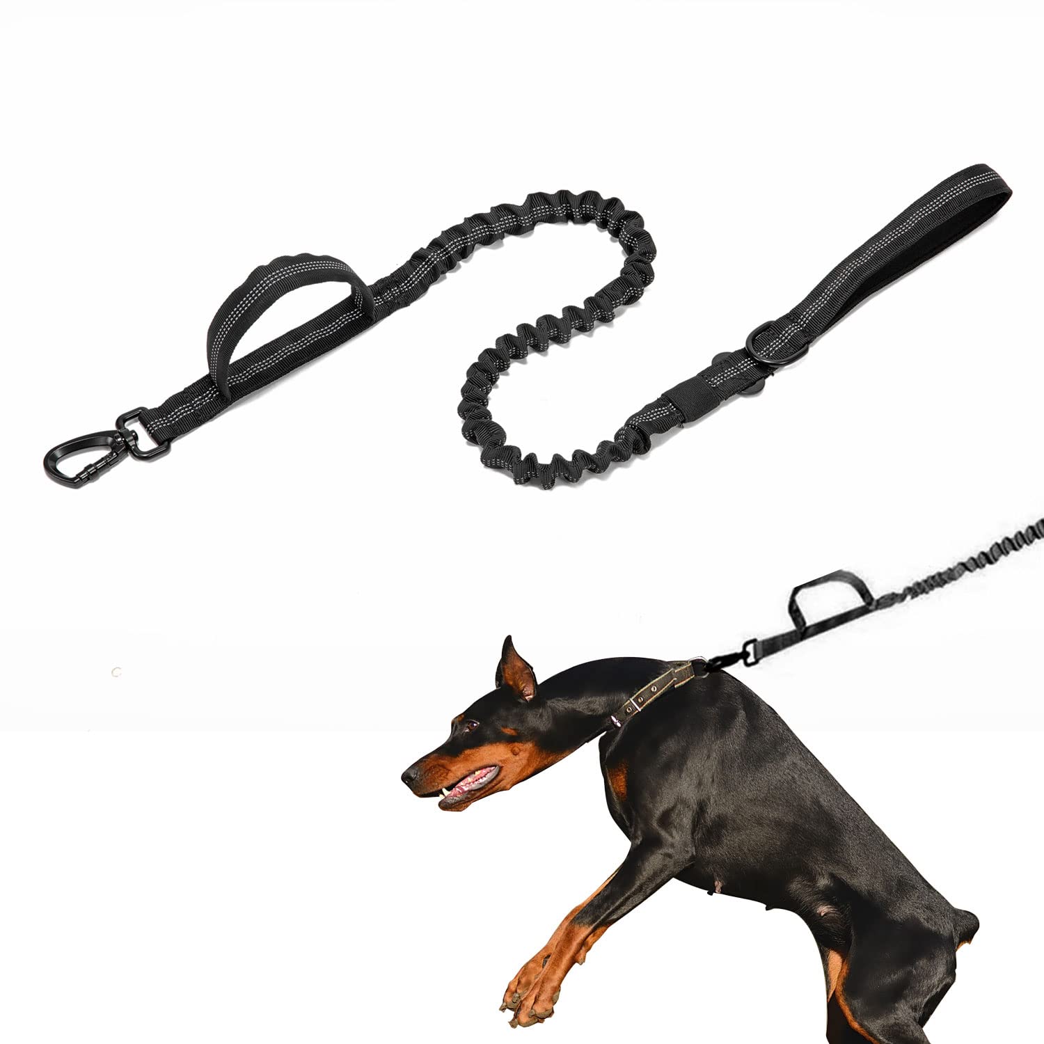 Reflective Bungee Dog Leash for Medium and Large Dogs No Pull for Shock Absorption with Car Seat Belt for Training, Walking, Jogging and Running Your Pet Black
