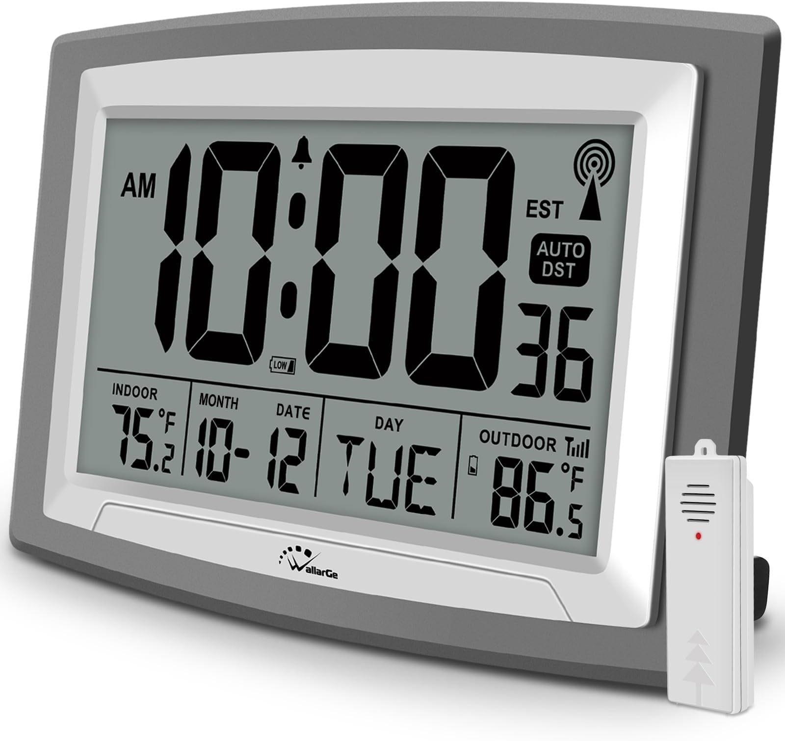 WallarGe Atomic Clock with Outdoor and Indoor Temperature - Self-Setting Alarm Day Digital Clock Large Dispaly, 10" Battery Operated Wall Clocks or Desk Clocks for Bedroom, Livingroom, Office,