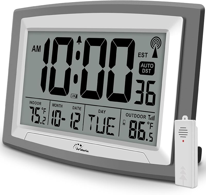Reloj atómico WallarGe Reloj de pared digital autoajustable de 12,5 pulgadas | Temperatura interior/exterior, relojes de pared o de escritorio que funcionan con pilas, pantalla grande para aula, garaje, oficina