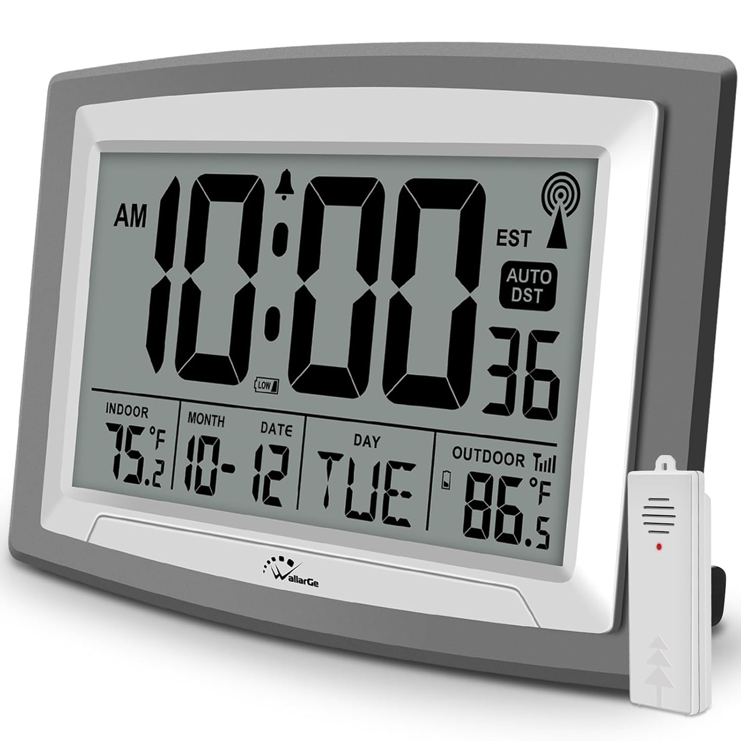 WallarGe Atomic Clock with Outdoor and Indoor Temperature - 12 5 Inch Self-Setting Digital Clock Large Display Battery