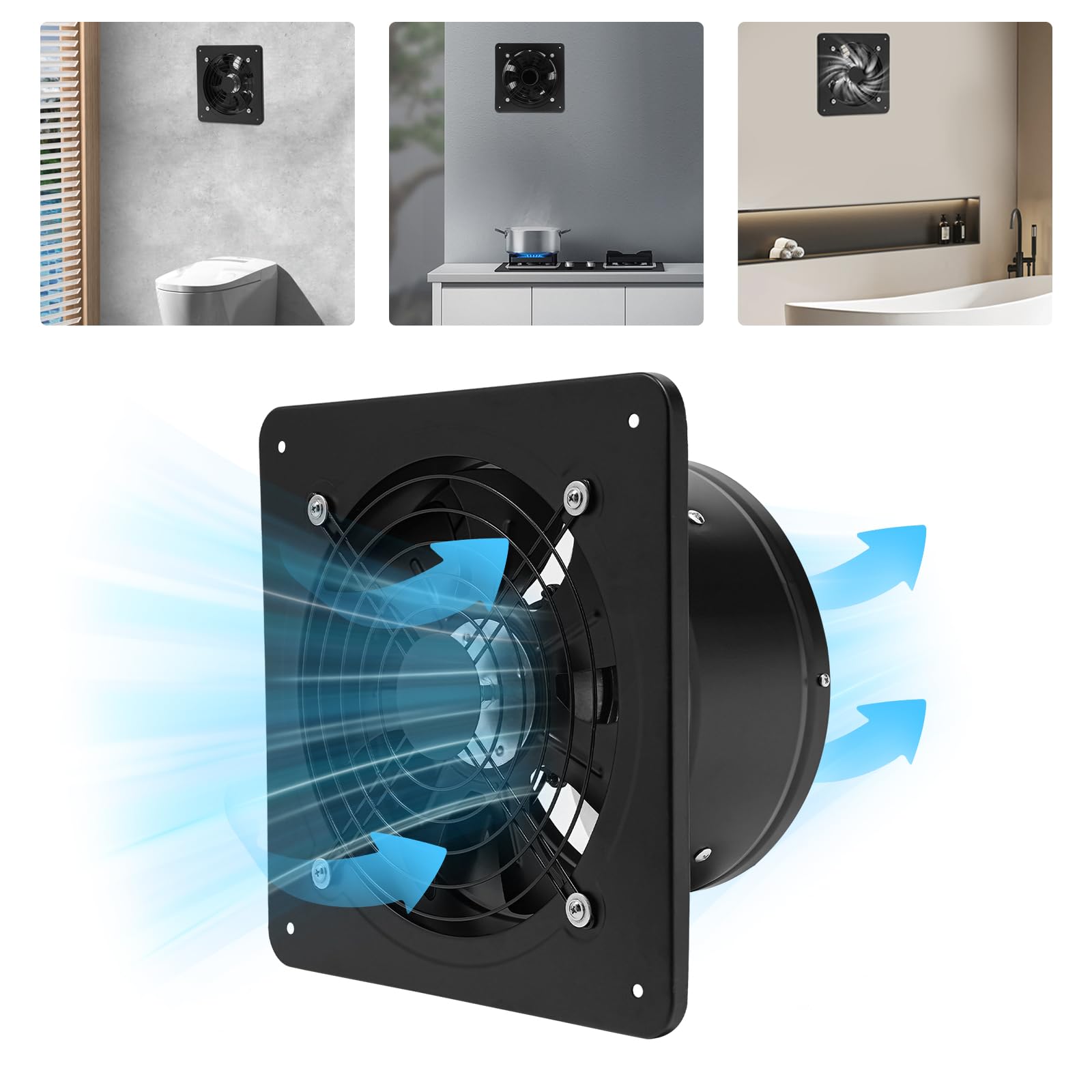 Abluftventilator 250mm, 1260m³/h Badlüfter mit Rücklaufklappe, 2600 U/min Wandventilator für Küche Badezimmer Garage, Schwarz