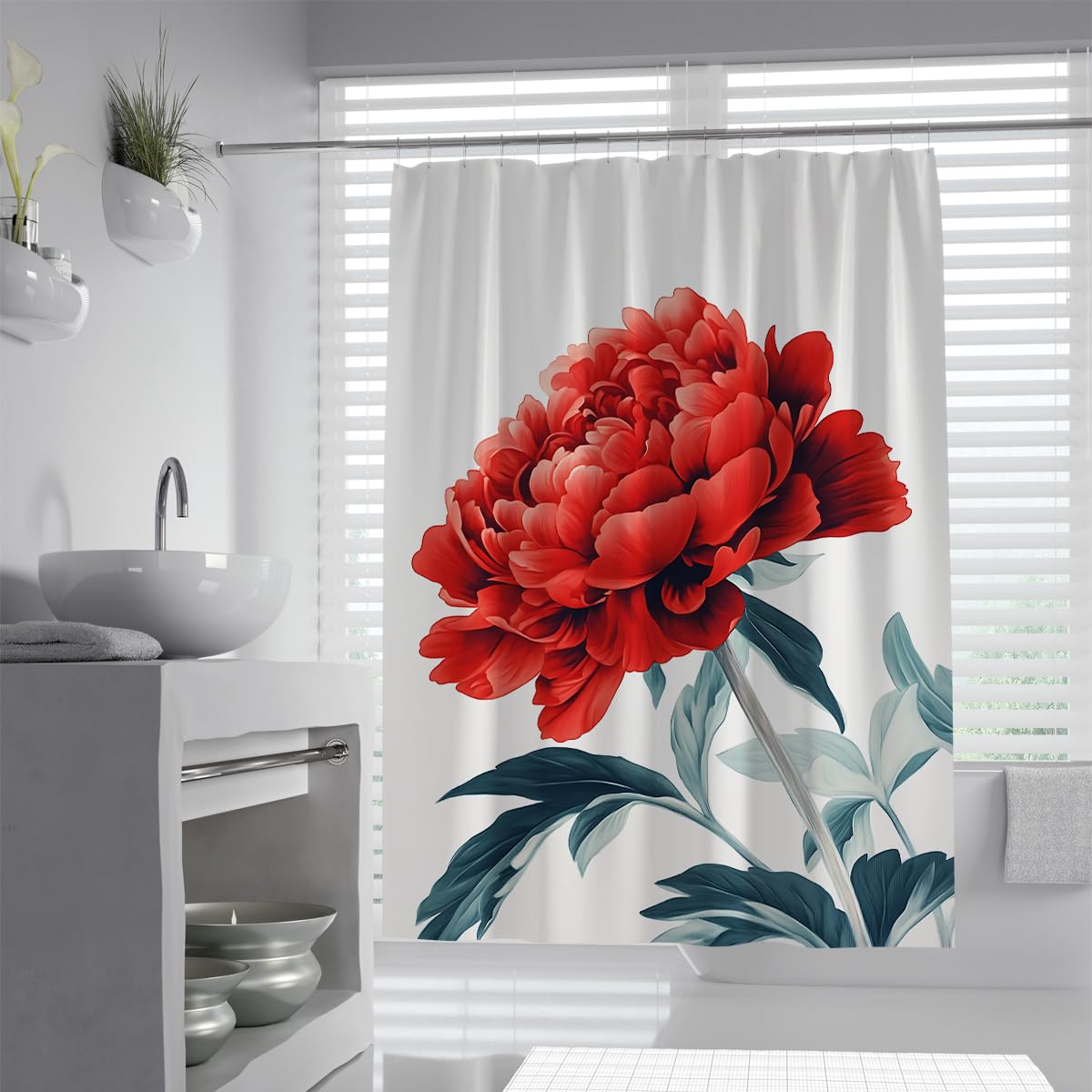 UIRINGART Red Peony Shower Curtain W200xL220cm Large Floral Print Waterproof Polyester Mildew Resistant Quick Dry Bathroom Shower Liner with Hooks
