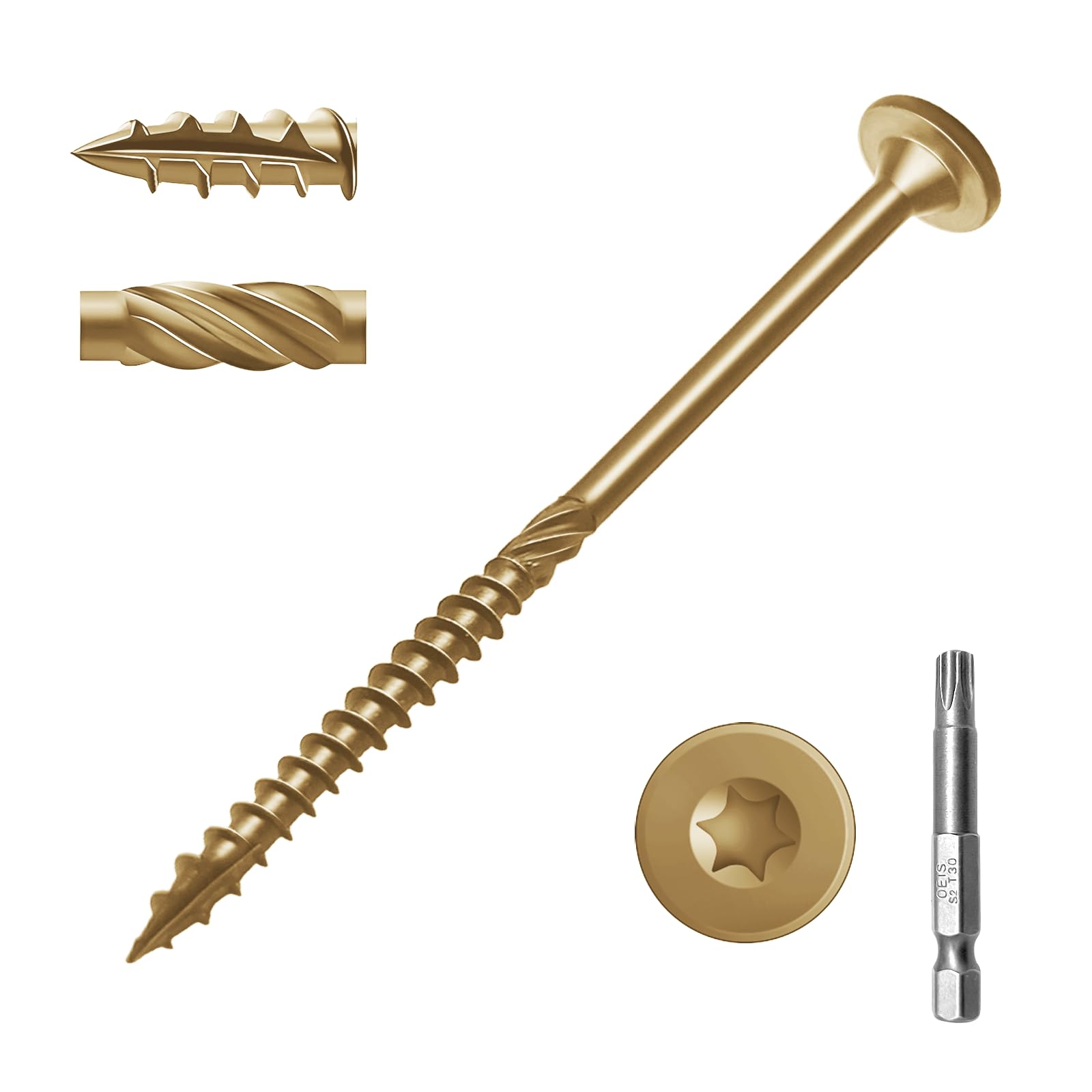 SahncaiTechTrade 4-1/2 Inch Structural Wood Screws 150Pcs Heavy Duty Deck Screws, Rust Resistant, Black Coated Exterior Wood/Lag/Timber Screws T30 Star Bit (#14 x 4-1/2" Yellow)