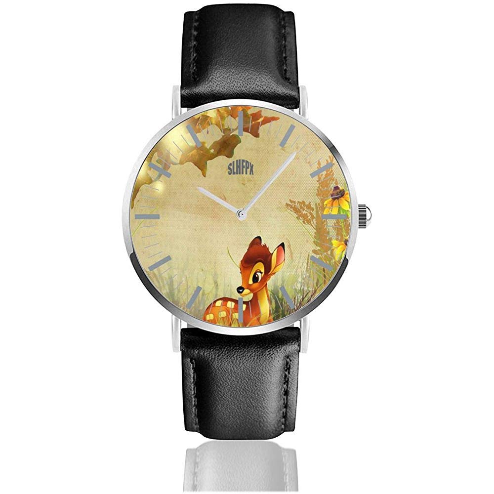 Mens Watch Fall Bambi Autumn Flowers Customized Classic Stainless Steel Quartz Wrist Watches with Leather Band