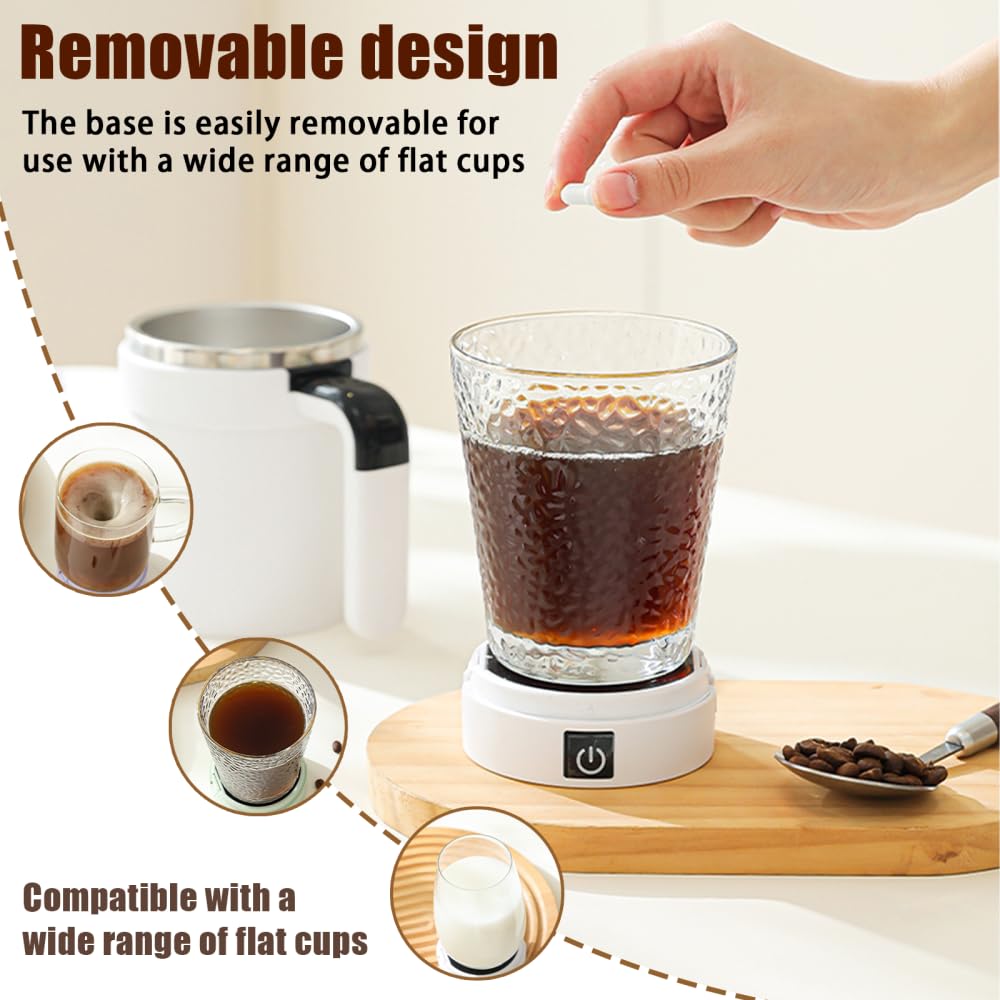 Self Stirring Coffee Mug, Detachable Magnetic Electric Self Mixing Cup with Lid & Straw, Temperature Display, 380ML Stainless Steel Coffee Mixer for Home Travel Office