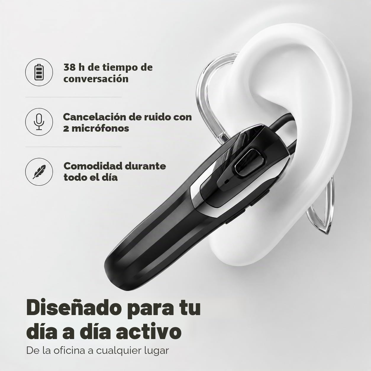 Auriculares Bluetooth V6.0 con cancelación de ruido de IA y 38 horas de tiempo de conversación – Auriculares manos libres de un solo oído, doble emparejamiento, ligeros auriculares Bluetooth para