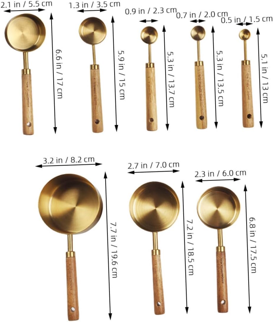 8pcs Stainless Steel Measuring Cup Spoon Set Wooden Handles Stackable for Baking Cooking