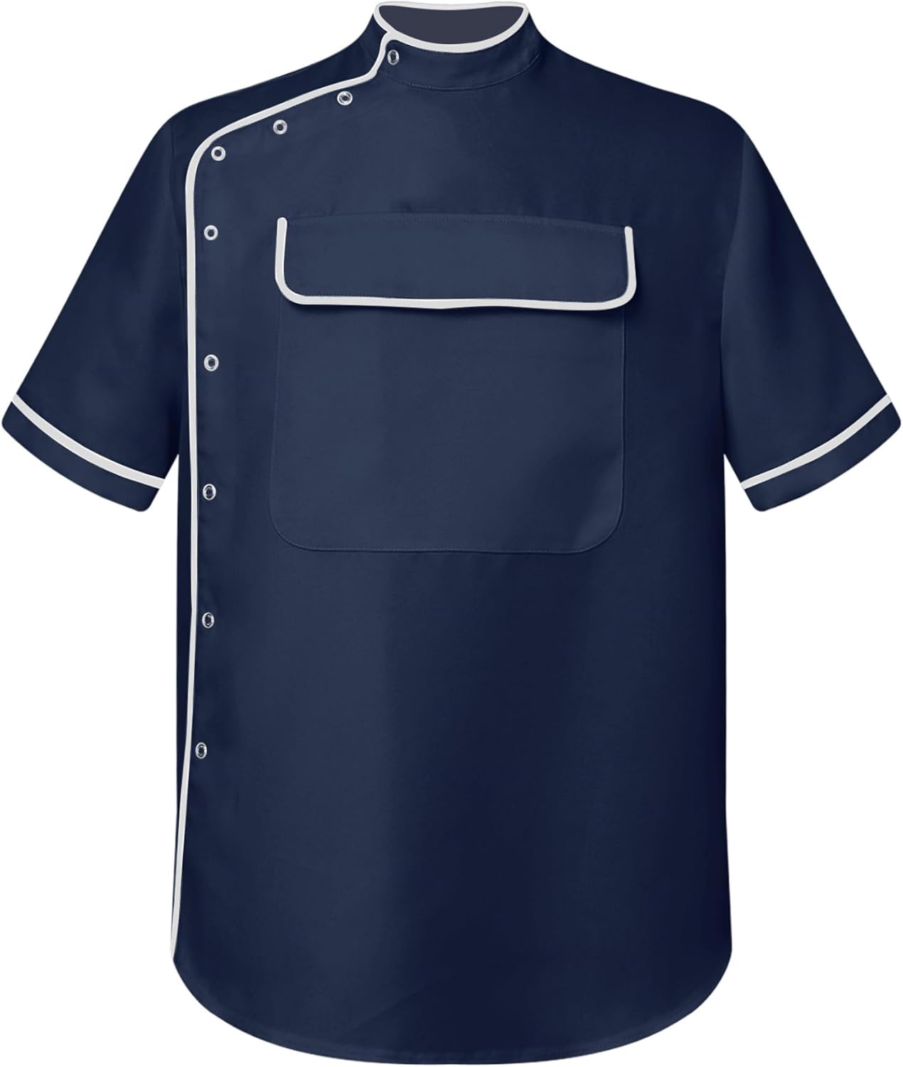 Mens Barber Jacket Stand Collar Short Sleeve Hair Smock with Pocket Lightweight Work Shirts