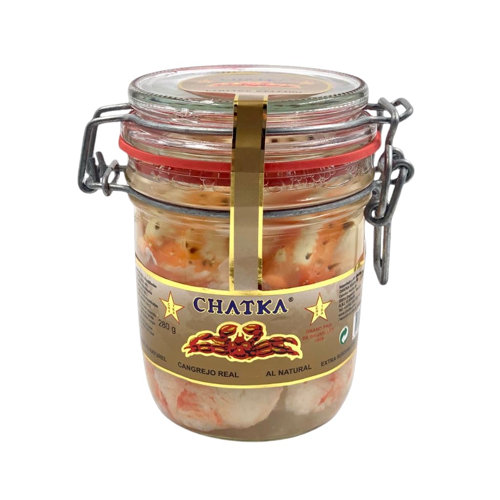 Chatka - Konserve im Glas mit 100% Scherenfleisch von echtem rotem Königskrebs, sorgfältig verarbeitet und geeignet für Salate, kalte Speisen und verschiedene Rezepte