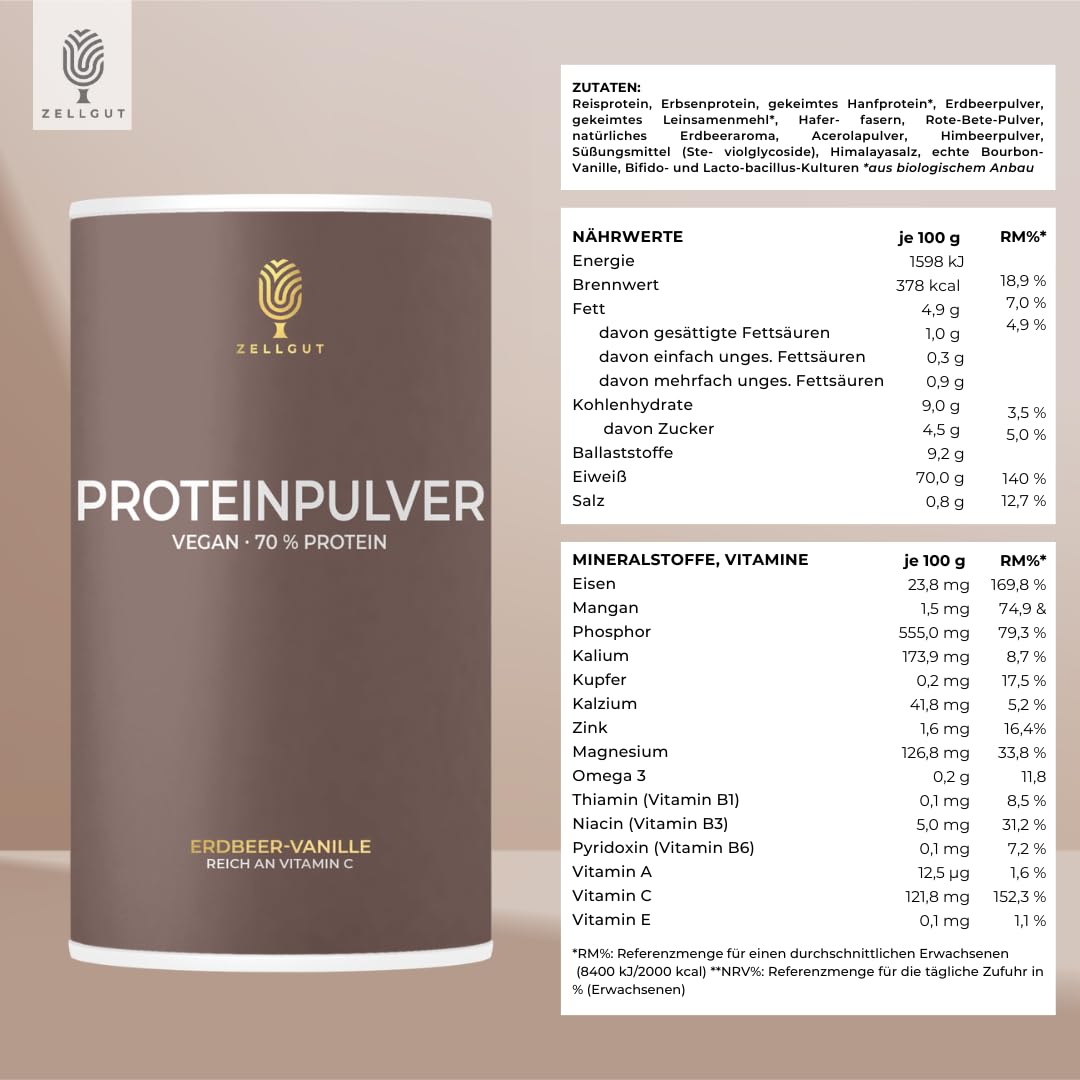 PROTEINPULVER ERDBEER-VANILLE • 70% Protein • 3 pflanzliche Proteinquellen • enthält gesunde Darmbakterien • vegan & glutenfrei • sojafrei